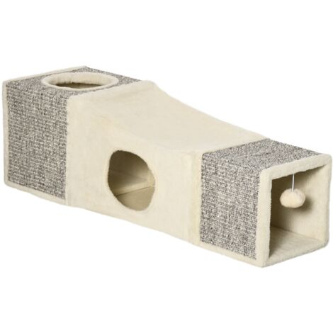 Tunnel per Gatti Pieghevole 98x30x30 cm con Tiragraffi in Peluche e Sisal Crema