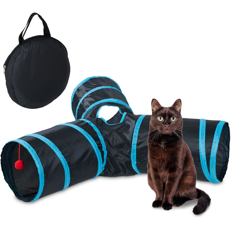 Relaxdays - Tunnel pour chat, 3 voies, HxLxP : env. 25 x 92 x 85 cm, jouet interactif, petits animaux, nylon, noir/bleu