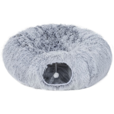 Tunnel pour chat intérieur avec lit donut, coussin rond lavable, 90x80x27cm, gris clair