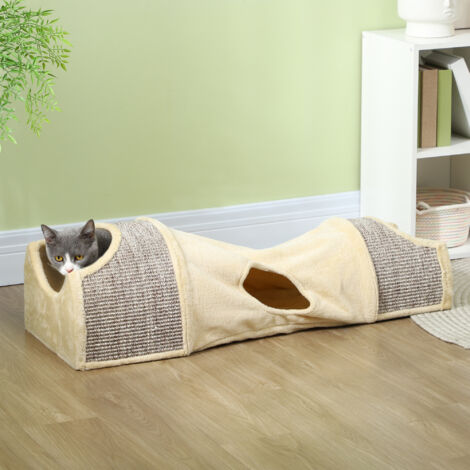 Tunnel pour chat. jeu pour chat. avec 2 niches en sisal. trous de porte. pour intérieur. 107L x 38l x 29H cm. beige