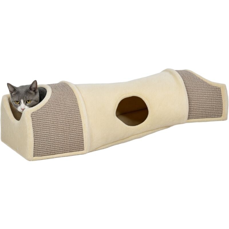 Tunnel pour chat modulable - 3 portes, 2 griffoirs - sisal peluche beige