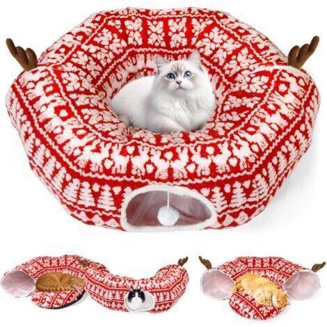 Tunnel pour chat - Pliable - Avec balle de jeu - Lit de jeu - Tunnel bruissant multifonction - Jouet interactif pour chaton d'intérieur - Motif Noël