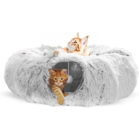 Tunnel pour chat rond avec coussin – 90 cm de long – Matériau doux et pelucheux – Pour chats et petits animaux jusqu'à 10 kg