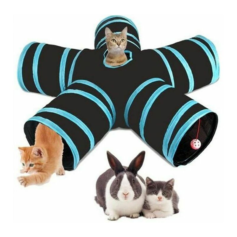 Tunnel pour chat,Jouet Pour Chat Tunnel pour Chat avec 5 Canaux pliables Bleu diamètre 30 cm