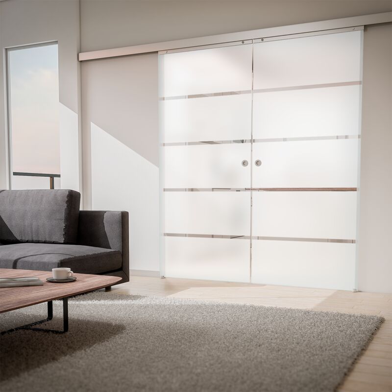 Schulte - Tür Doppelflügelige Schiebetür Glas Blockstreifen 1510 X 2035 Zimmertür Glasschiebetür - Griffmuschel + 2 Seitiger Softclose