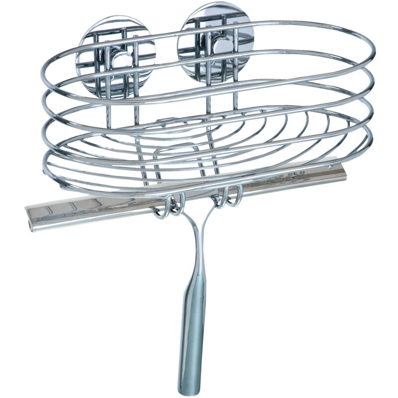 Wenko - Panier de douche mural Turbo-Loc® fixation sans perçage, porte savon mural avec raclette de douche, acier, 24x27,5x13,5 cm, chromé