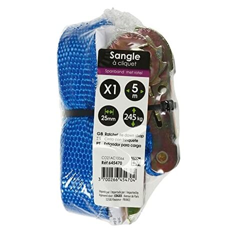 TURBOCAR - SANGLES DE MANUTENTION - SANGLE A CLIQUET 5M X 25MM SANS CROCHETS, SANGLE D'ARRIMAGE À CLIQUET 5M X 25MM AVEC BOUCLE,