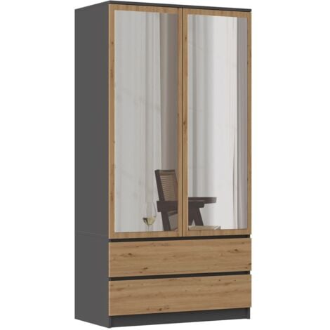 TOPESHOP TURIN - Armadio a 2 ante con specchio stile camera da letto moderna - 90x50x180 - 2 cassetti