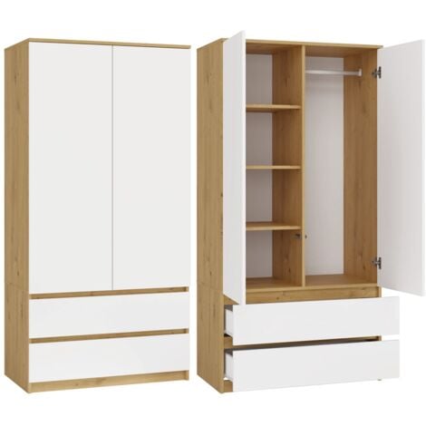 TOPESHOP TURIN - Armoire de chambre - Penderie multifonctions - 2 portes + 2 tiroirs - Dressing - artisan et blanc