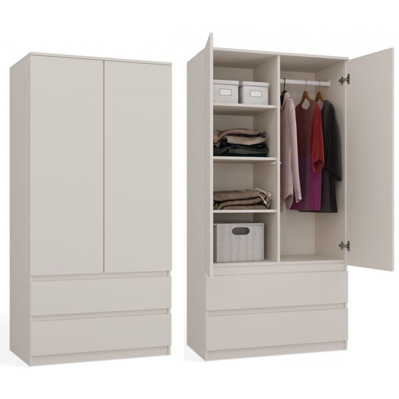 Topeshop - turin Armoire style moderne chambre salon beige Penderie multifonctions 2 portes + tiroirs Dressing Système tip-on