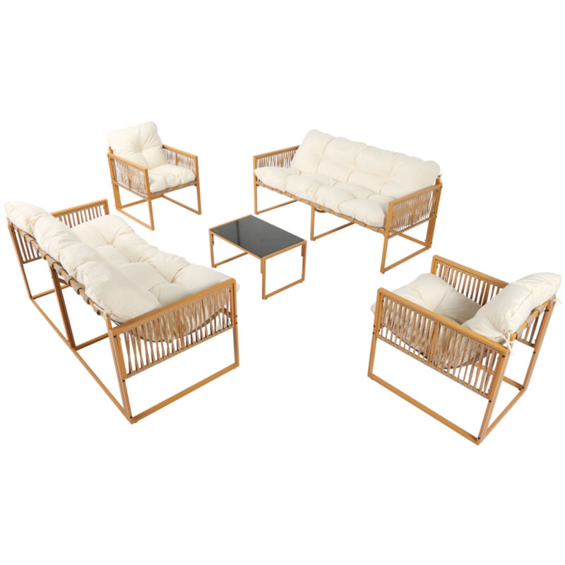 Salon de jardin 8 places effet rotin coussins blancs TURINI