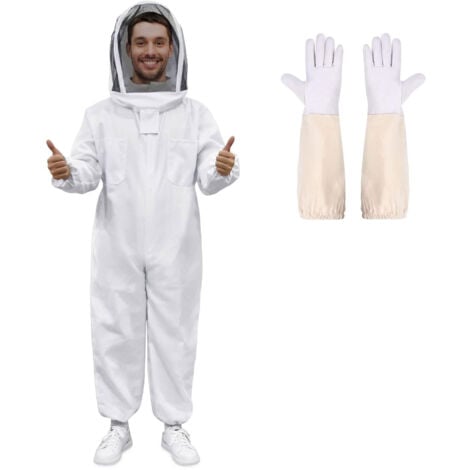 Tuta da apicoltore realizzata in tessuto spesso e cotone di alta qualità, cerniera resistente, guanti in pelle, cappuccio rimovibile XL