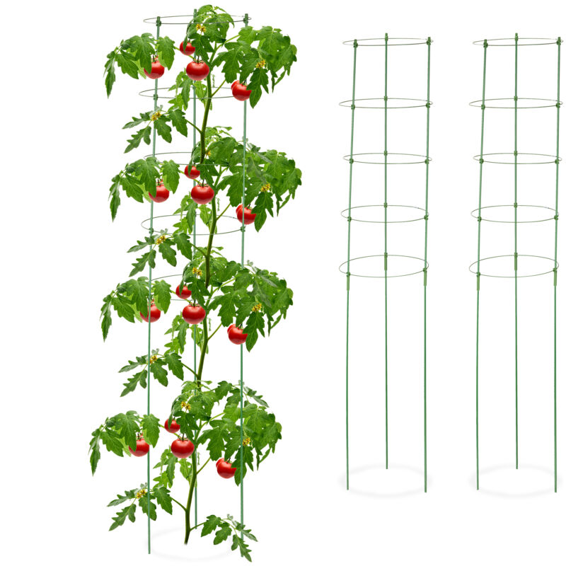Relaxdays - Tuteur à tomates, lot de 3, 5 anneaux, HxD : 150 x 28 cm, pour plantes utilitaires, métal & plastique, vert