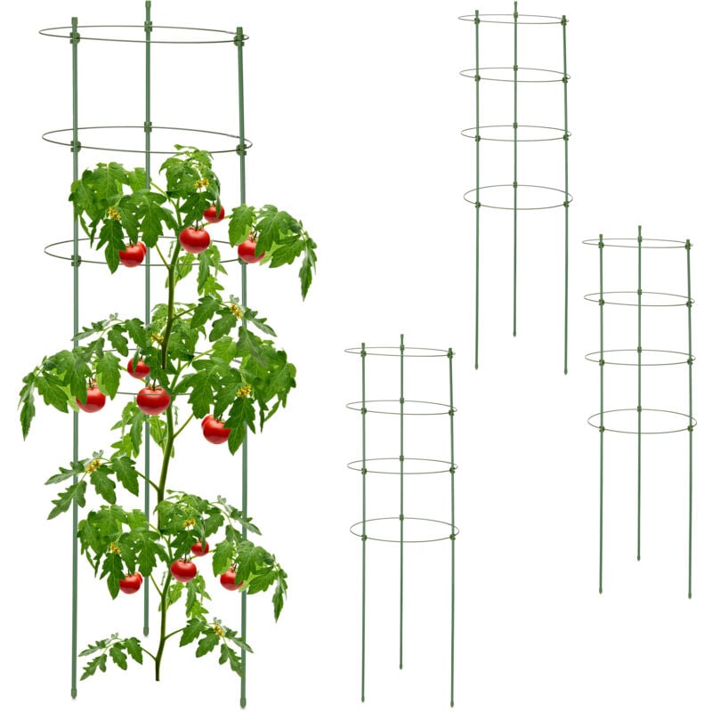 Relaxdays Tuteur à tomates, lot de 4, 4 anneaux, H x D : 91 x 28 cm, pour plantes utilitaires, métal & plastique, vert
