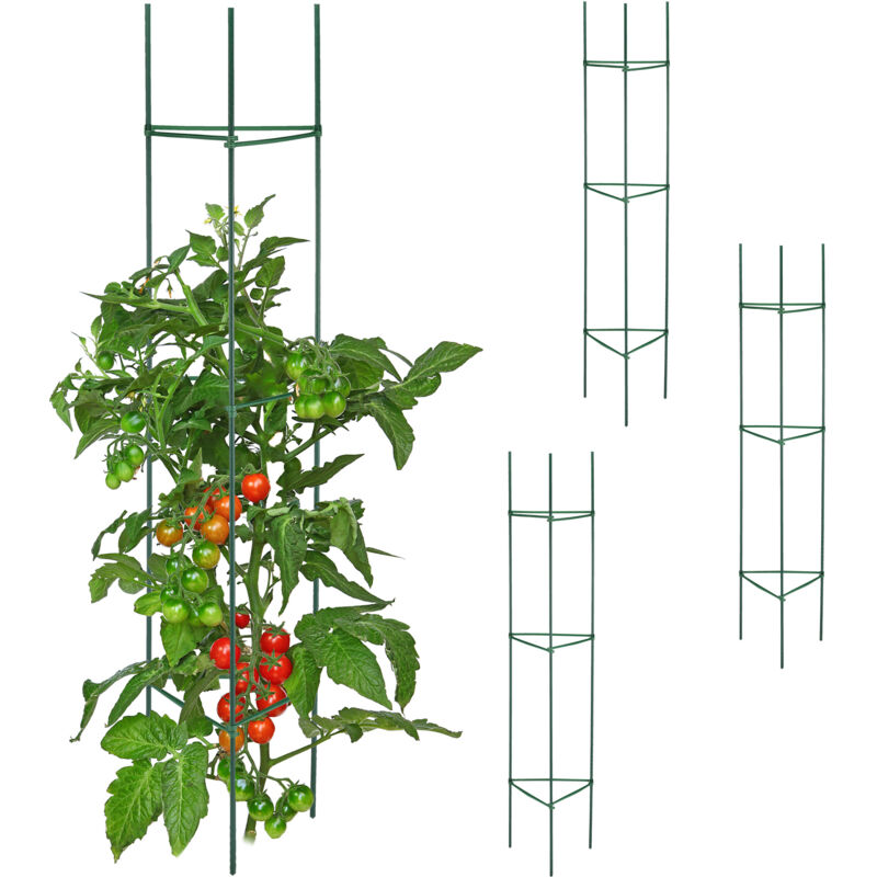 Tuteur à tomates, lot de 4, HxLxP : 90x16x16 cm, pour plantes utilitaires, métal & plastique, support, vert - Relaxdays