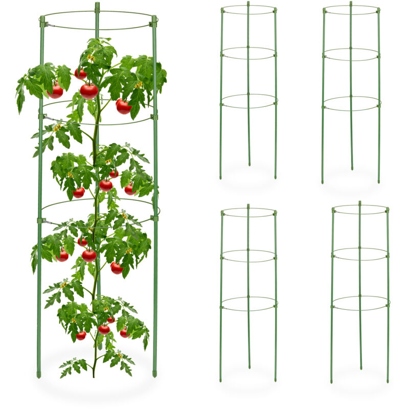 Relaxdays - Tuteur à tomates, lot de 5, 3 anneaux, HxD : 60 x 20 cm, pour plantes utilitaires, métal & plastique, vert