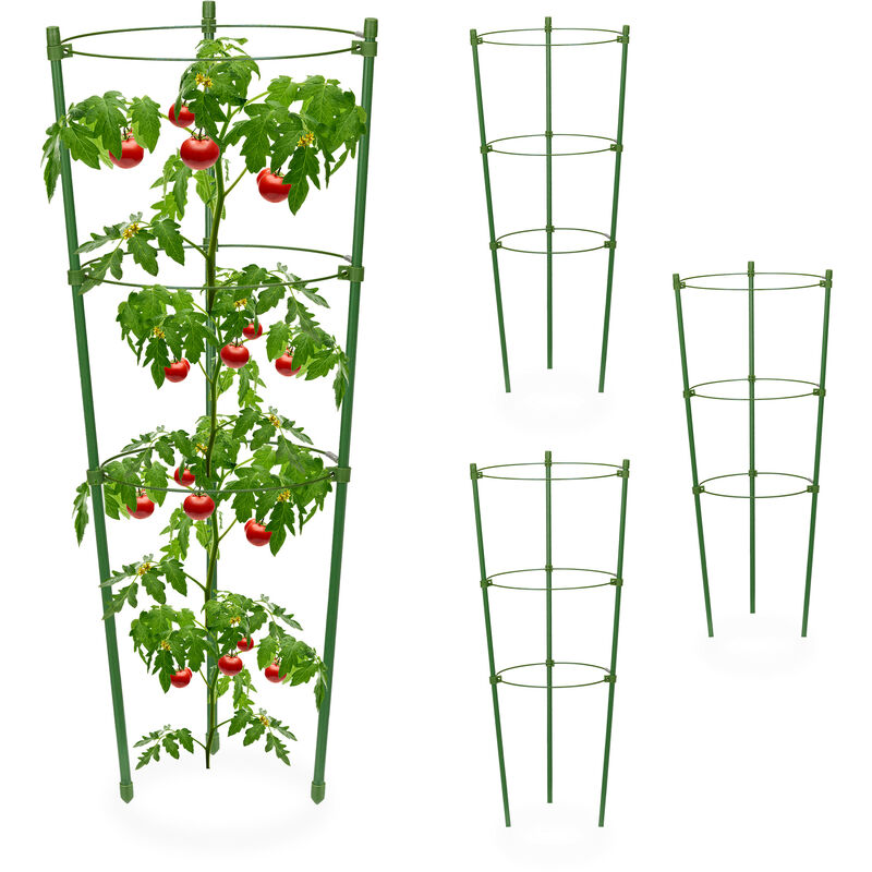 Relaxdays - Tuteur pour tomates, plantes grimpantes, lot de 4, métal, plastique, 3 anneaux réglables, HxD : 45x18 cm, vert