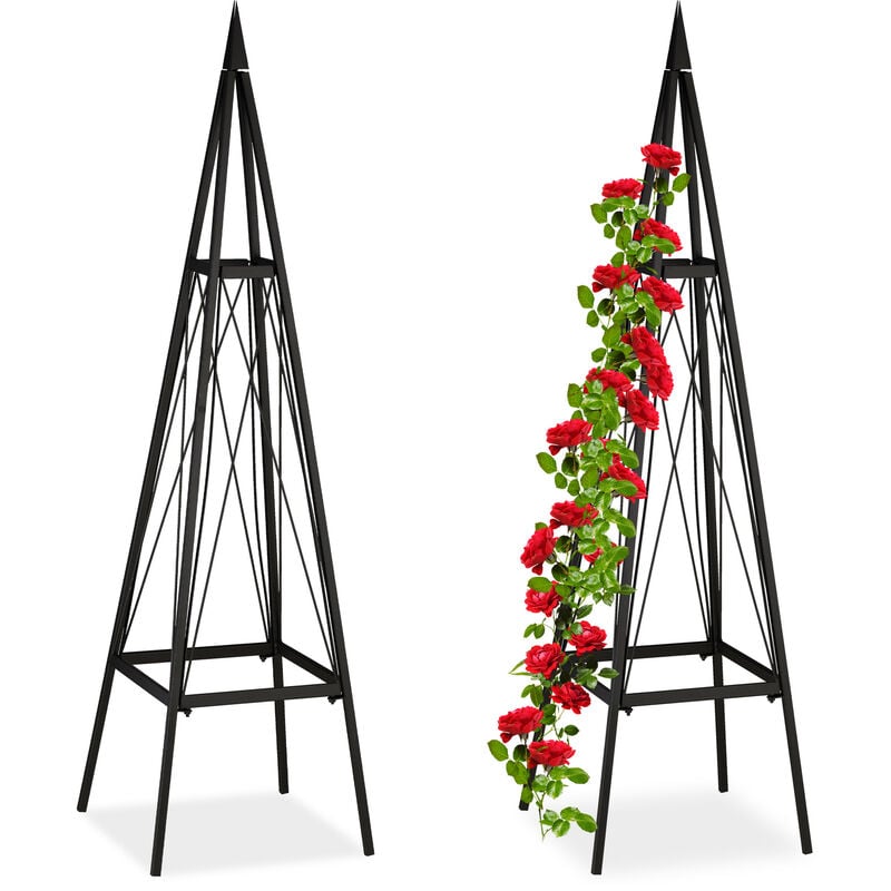 Tuteur rosier grimpant, lot de 2, carré, autonome, vignes, jardin, résistant aux intempéries, fer, hauteur: 132 cm, noir