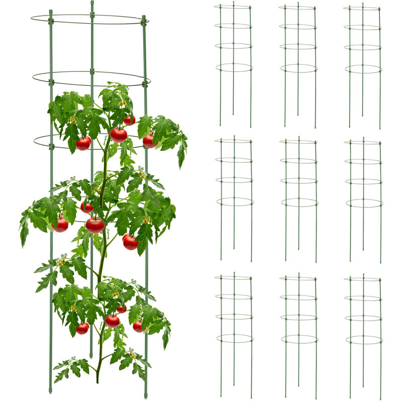 Tuteur à tomates en lot de 10, métal et plastique, hauteur : 90 cm, 4 anneaux réglables, pour plantes, vert - Relaxdays