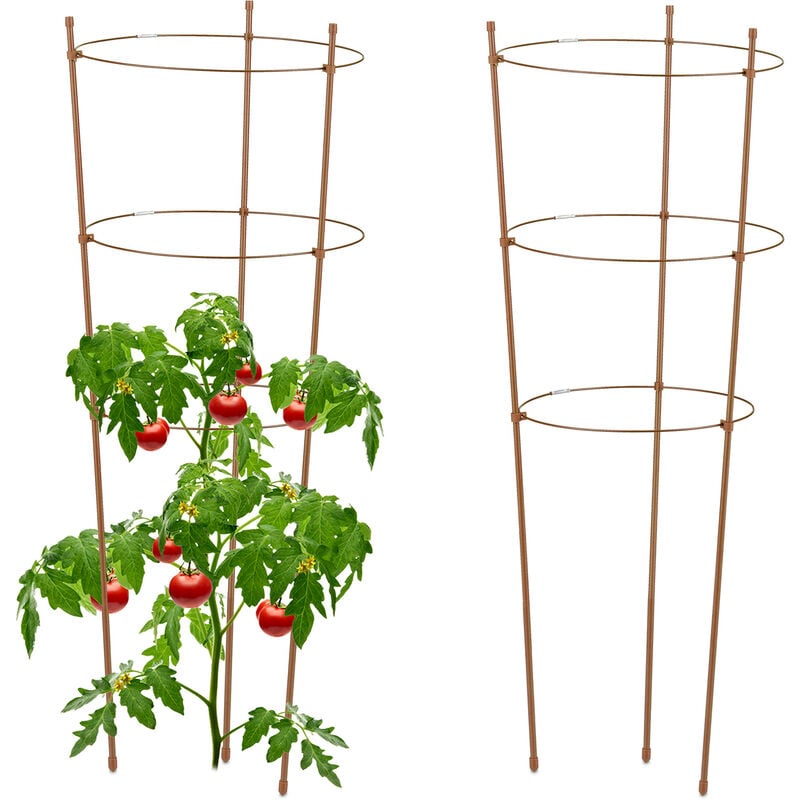 Relaxdays - Tuteur à tomates en lot de 2, métal et plastique, 3 anneaux réglables, pour plantes, hauteur : 76 cm, marron