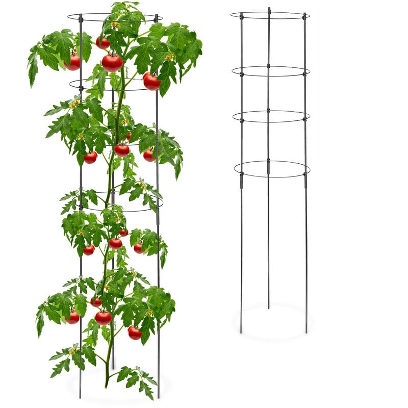 Relaxdays - Tuteur à tomates en lot de 2, métal et plastique, hauteur : 120 cm, 4 anneaux réglables, pour plantes, noir