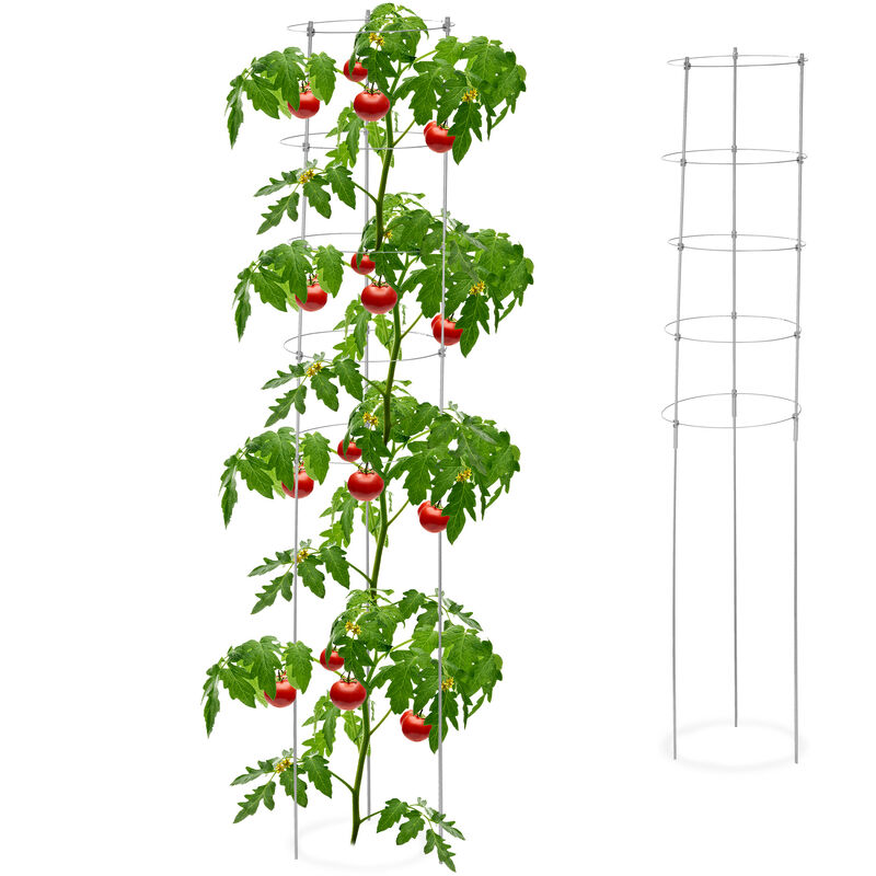 Tuteur à tomates en lot de 2, métal et plastique, hauteur : 150 cm, 5 anneaux réglables, pour plantes, gris - Relaxdays