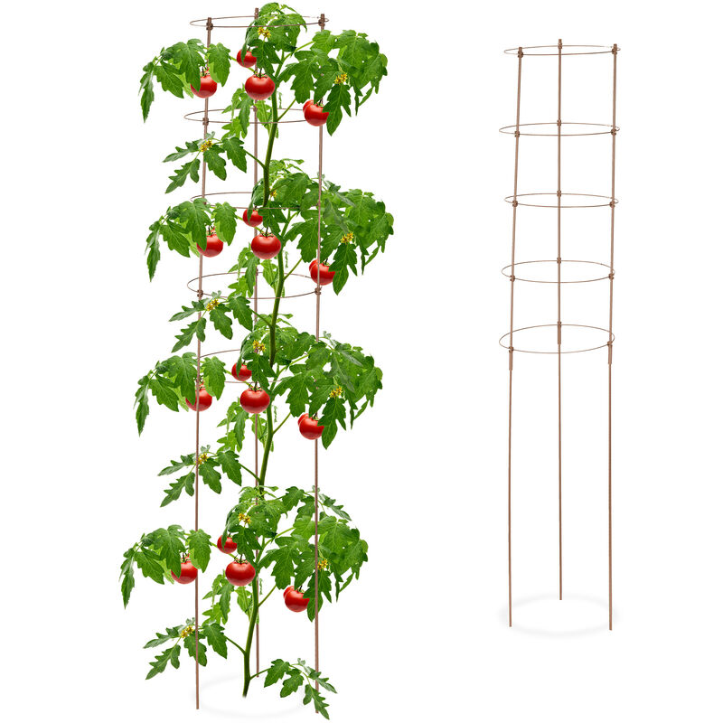 Relaxdays - Tuteur à tomates en lot de 2, métal et plastique, hauteur : 150 cm, 5 anneaux réglables, pour plantes, marron