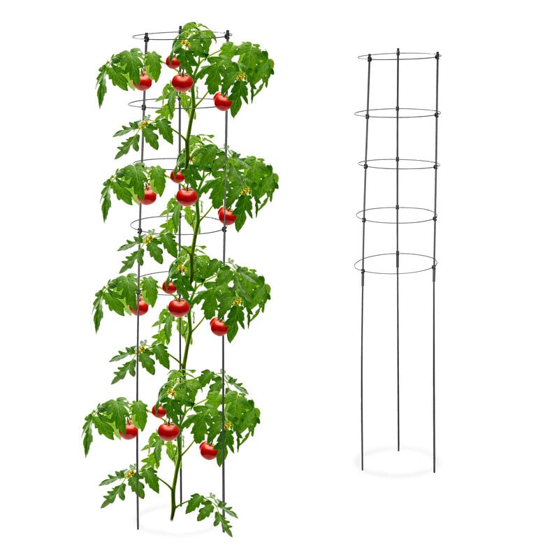 Tuteur à tomates en lot de 2, métal et plastique, hauteur : 150 cm, 5 anneaux réglables, pour plantes, noir - Relaxdays