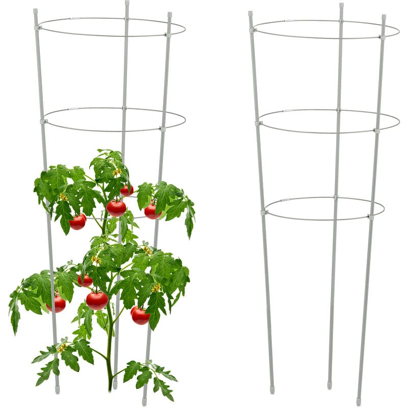 Relaxdays - Tuteur à tomates en lot de 2, métal et plastique, hauteur : 76 cm, 3 anneaux réglables, pour plantes, gris