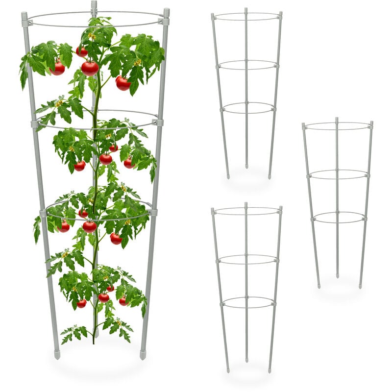 Relaxdays - Tuteur à tomates en lot de 4, métal et plastique, hauteur : 45 cm, 3 anneaux réglables, pour plantes, gris