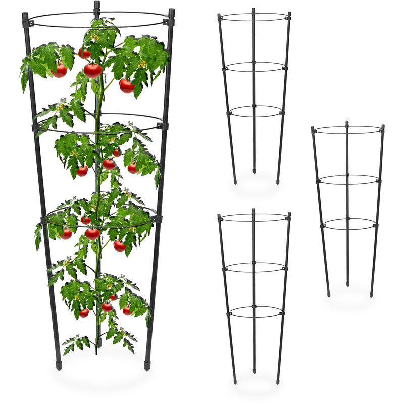 Relaxdays - Tuteur à tomates en lot de 4, métal et plastique, hauteur : 45 cm, 3 anneaux réglables, pour plantes, noir