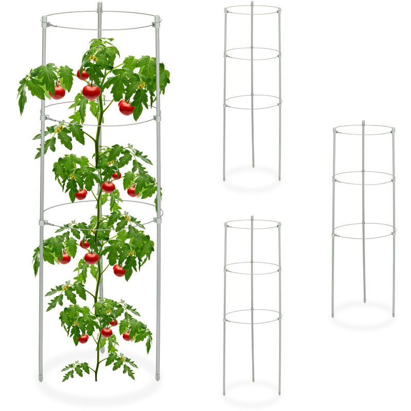 Relaxdays - Tuteur à tomates en lot de 4, métal et plastique, hauteur : 60 cm, 3 anneaux réglables, pour plantes, gris