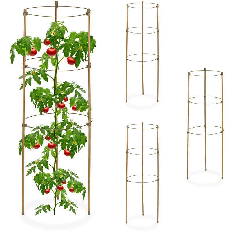 Relaxdays Tuteur à tomates en lot de 4, métal et plastique, hauteur : 60 cm, 3 anneaux réglables, pour plantes, marron