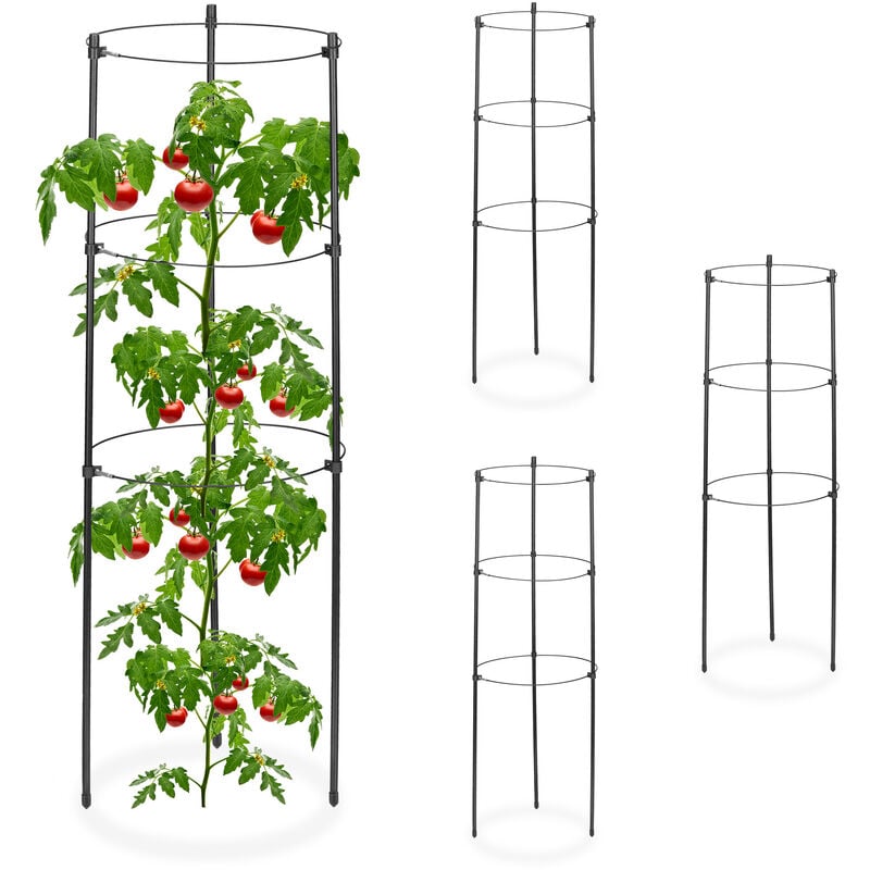 Tuteur à tomates en lot de 4, métal et plastique, hauteur : 60 cm, 3 anneaux réglables, pour plantes, noir - Relaxdays