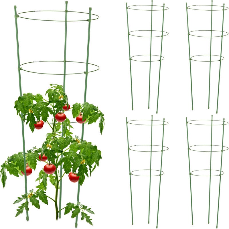 Relaxdays - Tuteur à tomates en lot de 5, métal et plastique, hauteur : 76 cm, 3 anneaux réglables, pour plantes, vert