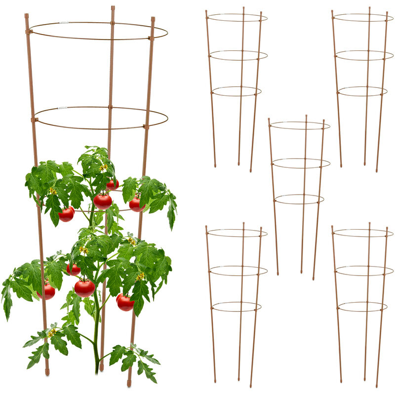 Relaxdays - Tuteur à tomates en lot de 6, métal et plastique, hauteur : 76 cm, 3 anneaux réglables, pour plantes, marron