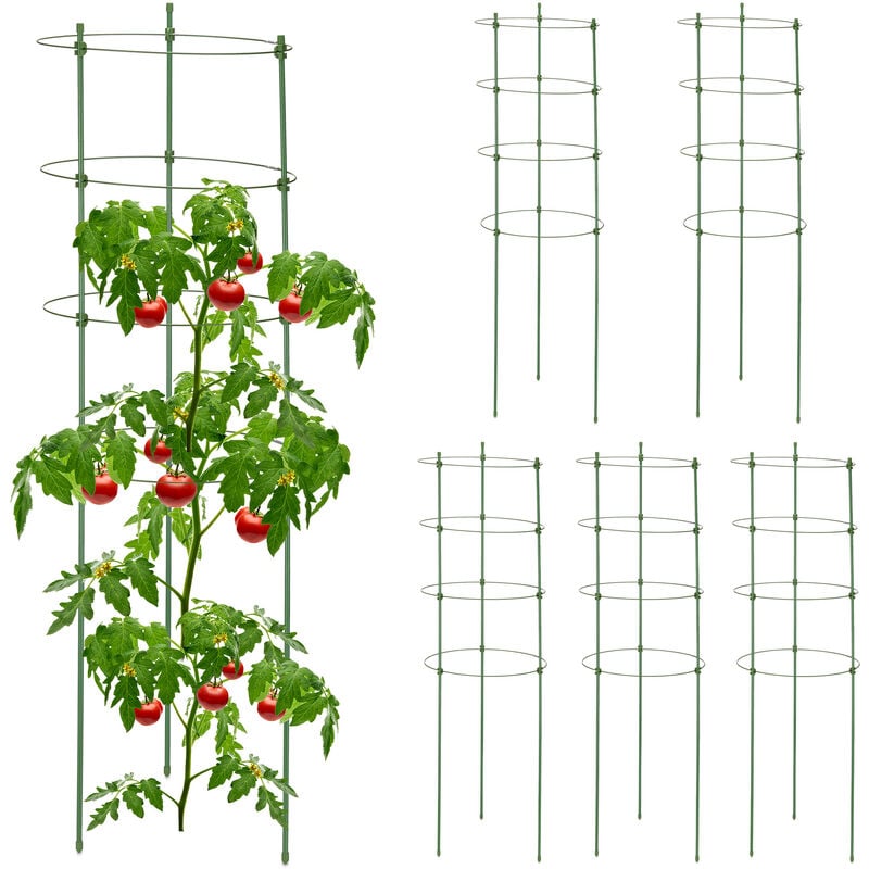 Relaxdays - Tuteur à tomates en lot de 6, métal et plastique, hauteur : 90 cm, 4 anneaux réglables, pour plantes, vert