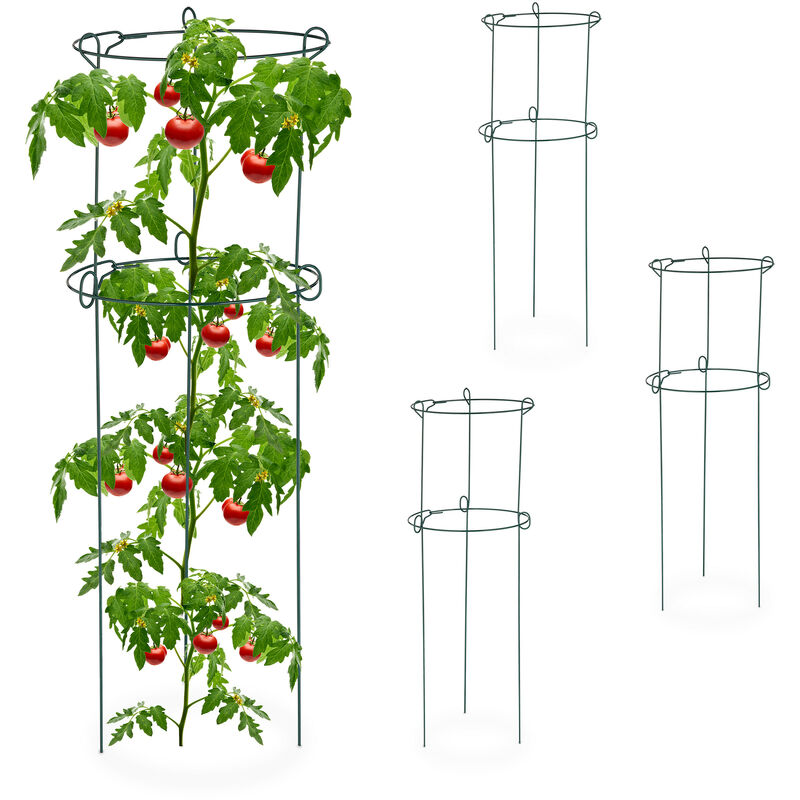 Tuteur à tomates, lot de 4, plantes grimpantes, roses, tomates, support autonome, 3 pieds, acier, vert foncé - Relaxdays