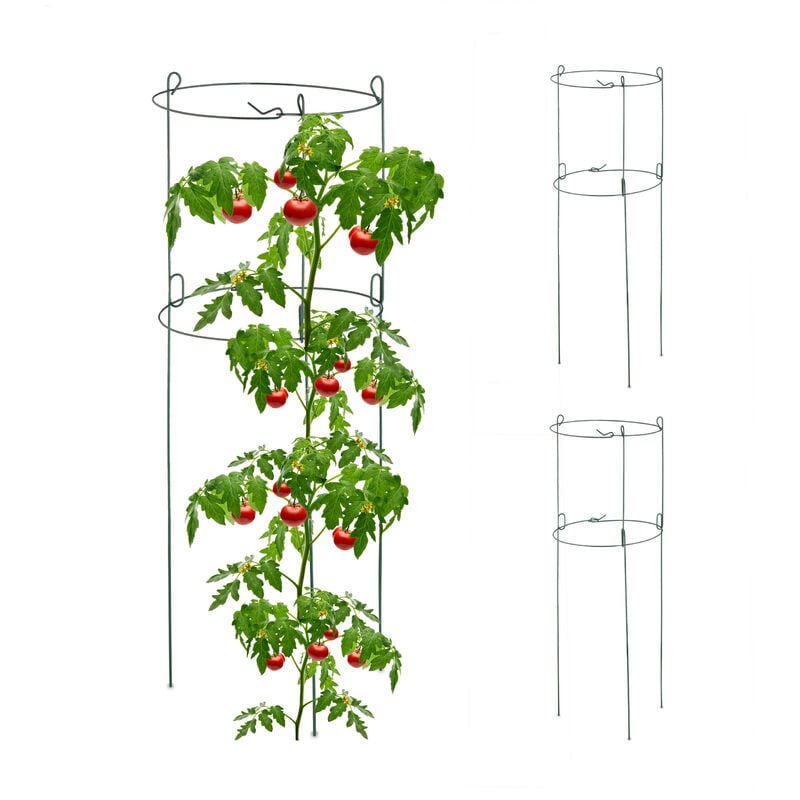 Relaxdays - Tuteur à tomates/concombres en lot de 3, support pour plantes, 2 anneaux, h x d : env. 76 x 26 cm, vert