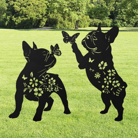 Tuteurs décoratifs de jardin en forme de bouledogue, lot de 2, en métal, motif bouledogue français, pour la décoration extérieure de votre jardin.