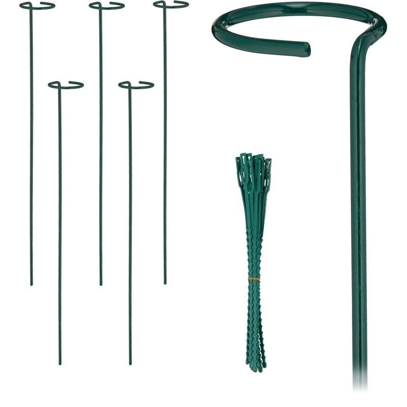 Relaxdays Tuteur à tomates, en lot de 6, métallique, avec attaches, hauteur : 60 cm, pour le jardin, vert foncé