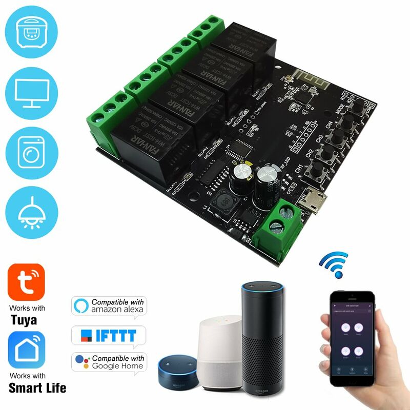 

Tuya 4CH USB DC5V / 7-32V Interruptor WiFi Modulo de rele inalambrico Funcion de sincronizacion Interruptor remoto para Android / IOS APP Control