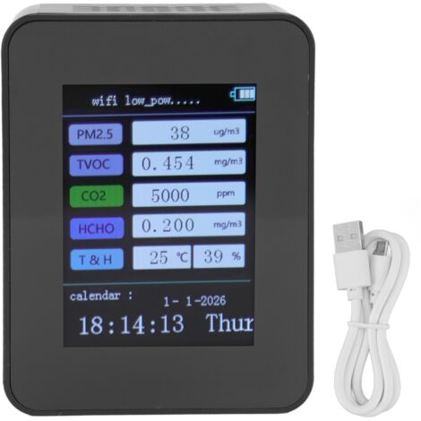 TUYA 7-in-1 Smart WiFi Luftqualitätsmonitor – PM2.5-, Formaldehyd- und VOC-Detektor, Kalender-/Uhrfunktion, Schwarze Version