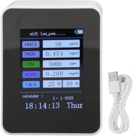 TUYA 7-in-1 Smart WiFi Luftqualitätsmonitor – PM2.5-, Formaldehyd- und VOC-Detektor mit Kalender- und Zeitanzeige – Weiße Version