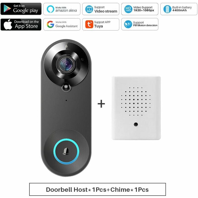 Tuya sonnette video intelligente 1080P, interphone video WiFi, camera Audio bidirectionnel, fonctionne avec Alexa Echo Show Google Home