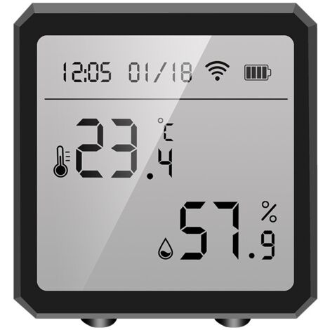 Tuya Temperatur- und Luftfeuchtigkeitsmonitor mit intelligentem Sensor, Innenhygrometer mit LCD-Display und Benachrichtigungsalarm (schwarz)