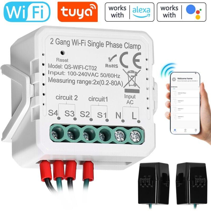SNQ - Tuya WiFi 2 Gang 80A Pince monophasée pv solaire Compteur d'énergie bidirectionnel à deux voies Contrôle par application mobile Transformateur