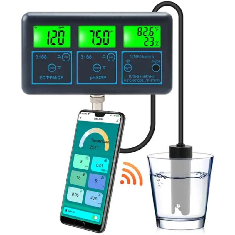 Tuya WiFi 7 en 1 Testeur de Qualité de L'Eau Analyseur D'Eau Multi-Paramètres PH/ORP/EC/PPM//Humidity/TEMP Moniteur Mètre avec Prise EU