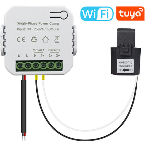 Tuya Wifi Compteur d'énergie monophasé 80A avec pince CT Application pour téléphone portable Kwh Moniteur de consommation d'énergie Statistiques d'électricité 90- 250VAC 50/60Hz Multicolore PC311-1-W-