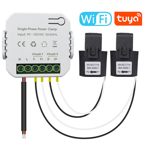 Tuya Wifi Compteur d'énergie monophasé 80A avec pince CT Application pour téléphone portable Kwh Moniteur de consommation d'énergie Statistiques d'électricité 90- 250VAC 50 / 60Hz PC311-1-W-TY & 2 CT